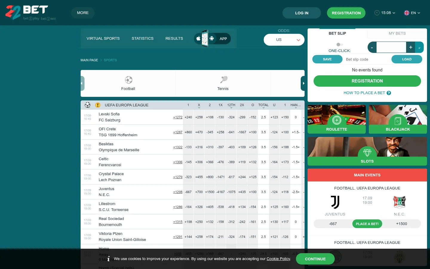 The 22bet football line, UEFA Europa League. Read with a search-engine user agent from outside Uganda, so the odds sit in the American format rather than the decimal one a Ugandan account shows