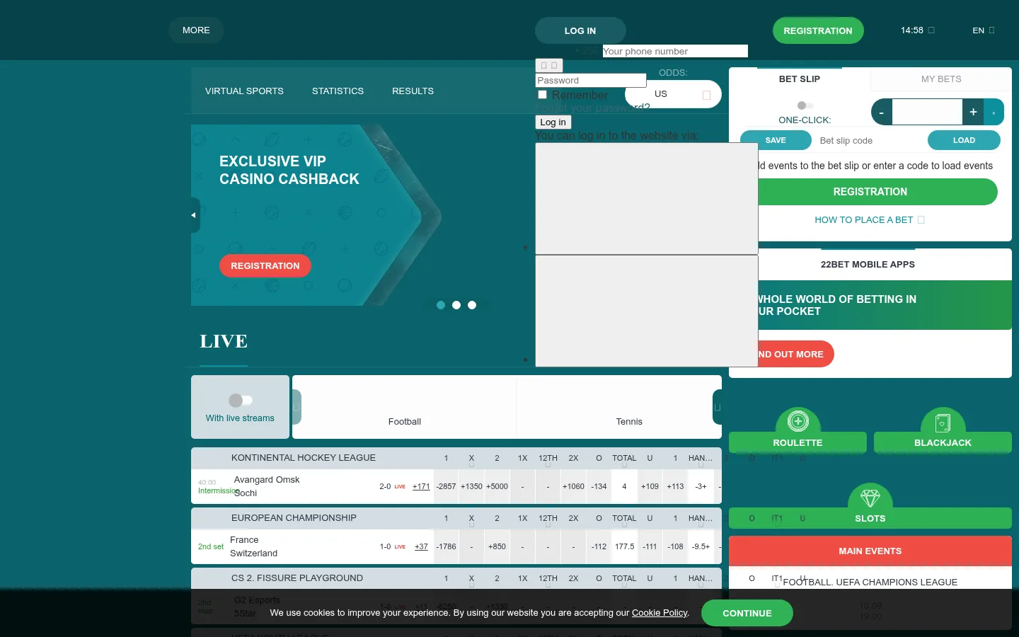 The 22bet home page with the welcome offer and the lobby